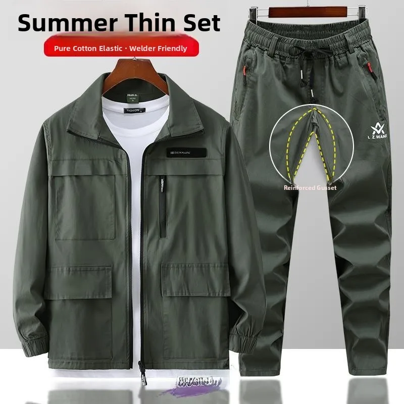 Conjunto de Uniforme de Trabajo de Verano para Hombre, Algodón Puro Elástico, Ropa de Camuflaje Delgada y Resistente al Desgaste, Traje de Protección Laboral para Soldadura