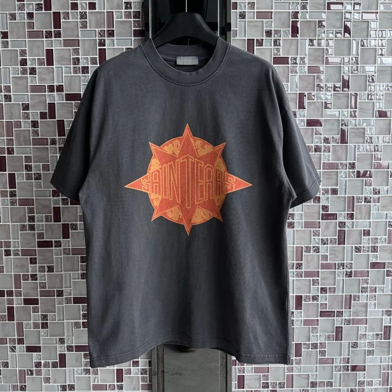 

Ретро-футболка в американском уличном стиле с симметричным принтом букв, плотная, с коротким рукавом, модный топ