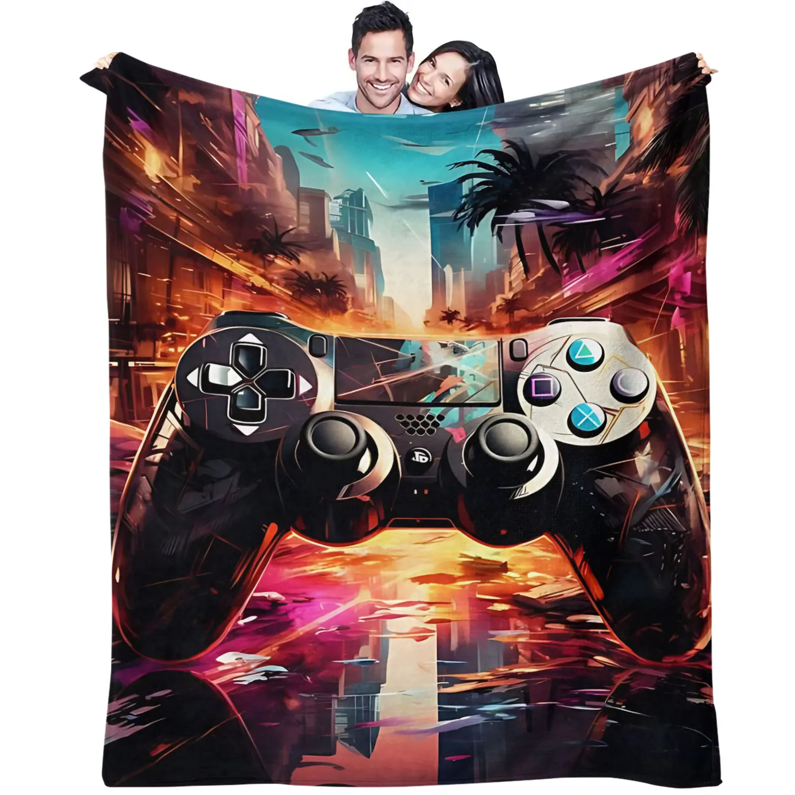 Game Controller Flannel Throw Blanket Neon City Palm Tree Gaming Pad Print Soft Warm Microfiber Sofa Bed Blanket Home Decor Gift
