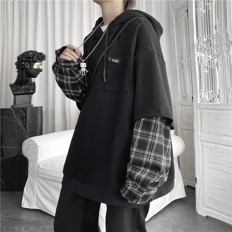 Fake Two-Piece Hoodie Women's Loose Fit Gingham Hooded Sport Top Ins Hong Kong Style Retro Casual Spring and Autumn image 2