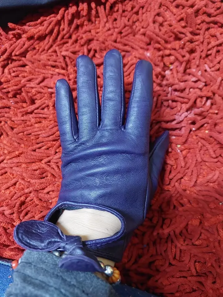 Women's Hollow Out Bow Genuine Sheepskin Leather Gloves Girls Motorcycle Riding Driving Dancing Glove R3209