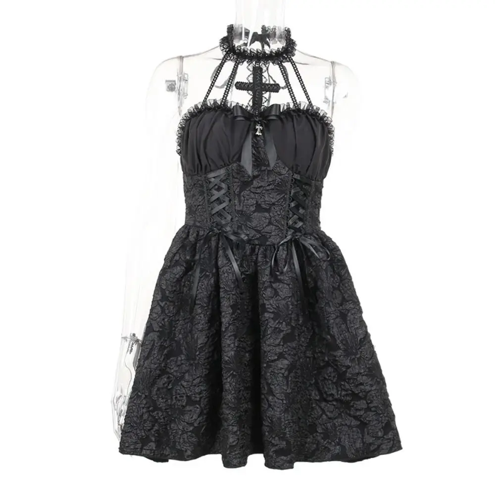 Fashion Gothic Style Halloween Club Dress Sleeveless Cross Chest Wrap Mini Dress Punk Jacquard Hanging Neck Skirt Lolita