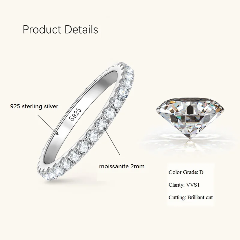 Anziw Volledige Eternity Bands 2mm Moissanite met Certificaat 925 Sterling Zilveren Ringen voor Vrouwen All-Around Bruiloft Sieraden Geschenken