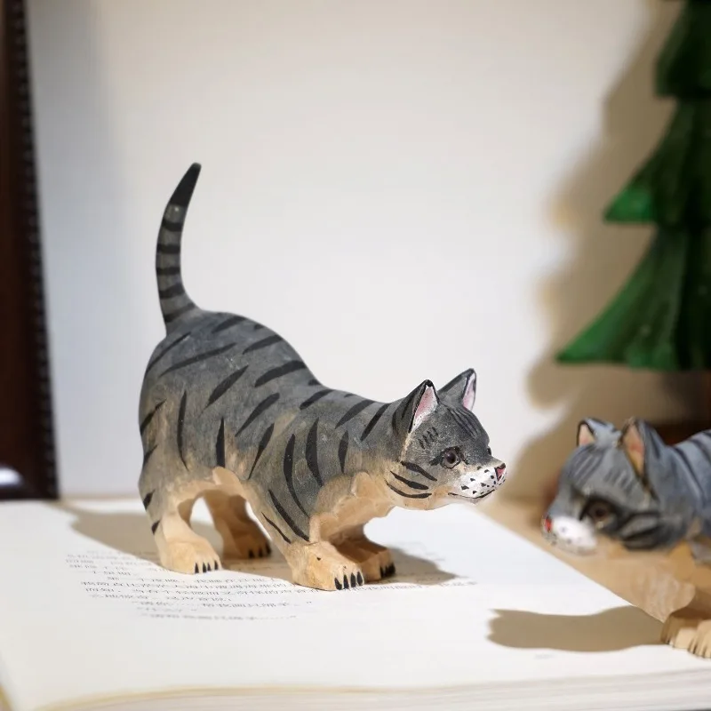 Creative Long Tail Lazy Gray Cat Hand Carved Wooden Ornament Cute Healing Kitten Figurines Stress Relief Home Office Desk Decor