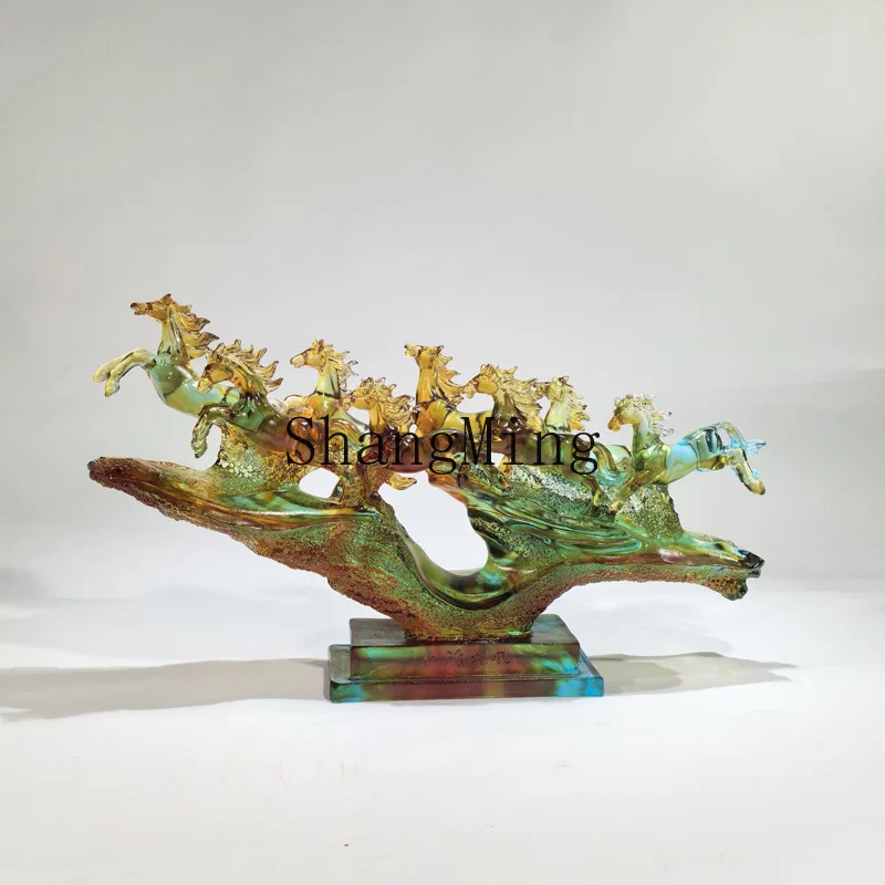 

CL intangible cultural heritage ancient glass horse ornament, Ba Jun Xiongfeng glass artwork high-end desk feng shui table