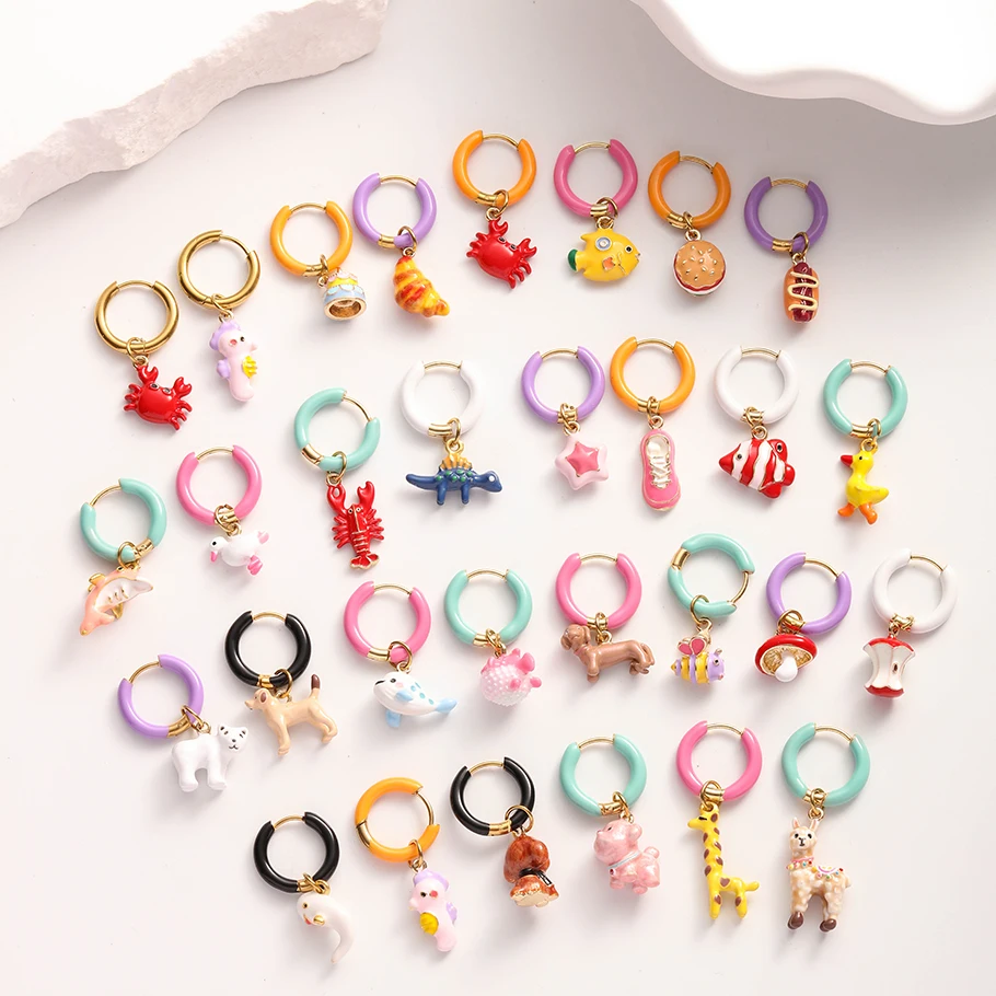 1Pair Cute Enamel Seahorse Crab Fish Dolphin Women Huggies Aretes Creative Animal Dog Duck Hamburg Bread Hoop Earrings Jewelry