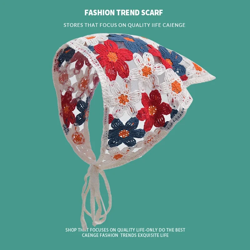 France Korean Triangle Towel Handmade Crochet Knitted Headband Female Retro Internet Cute Sweet Little Flower Strap Headscarf
