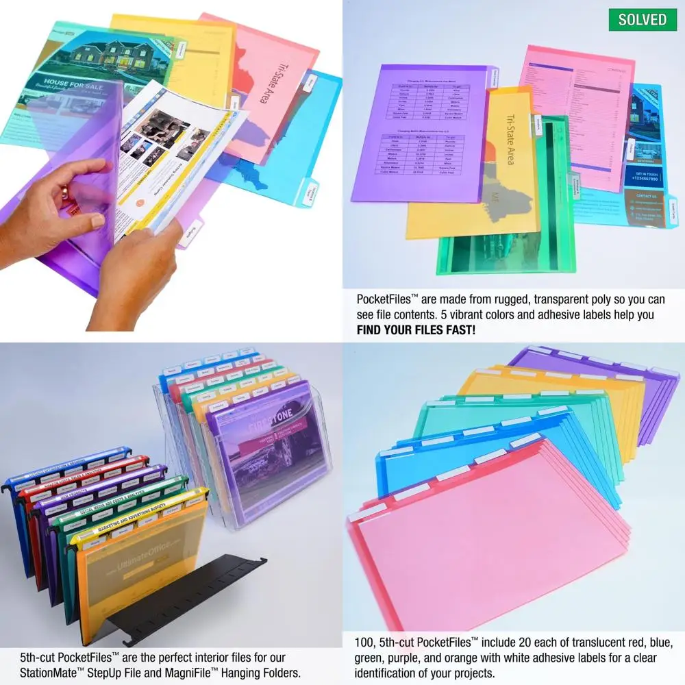 

Clear Poly Document Folders, 5th Cut, Letter Size, Assorted Colors, Set of 100, Project Pockets