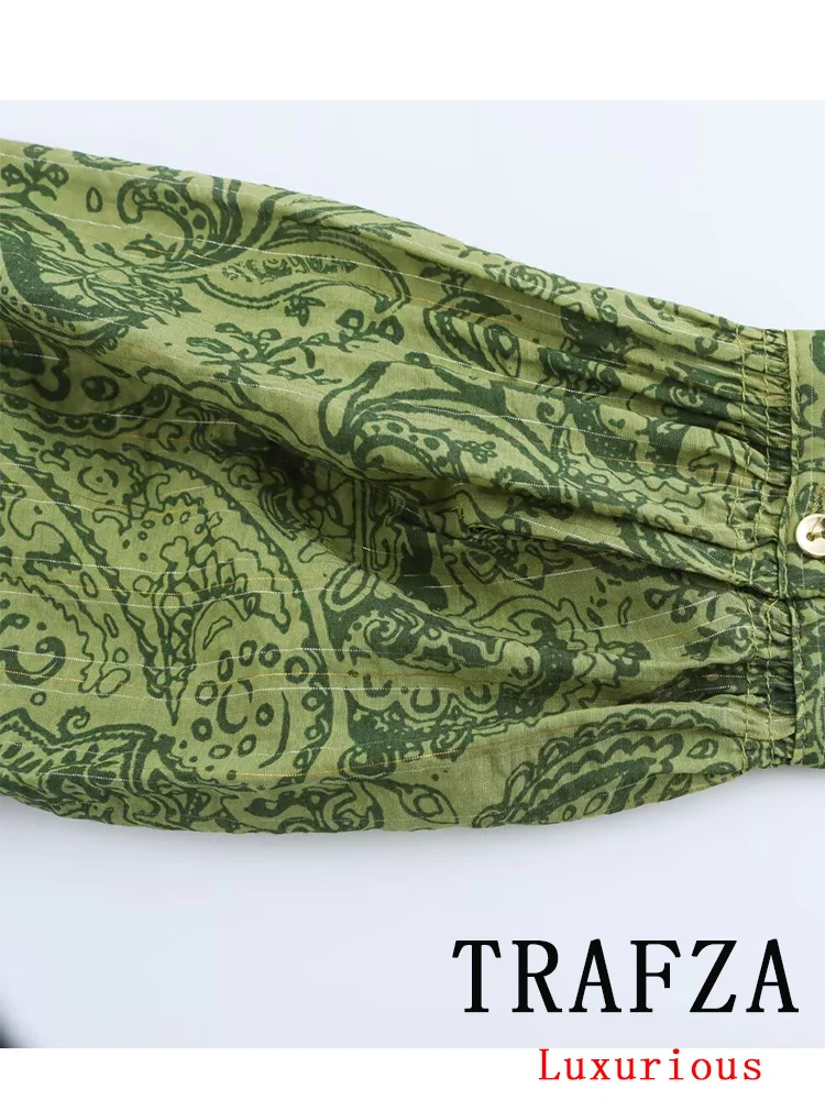 TRAFZA Vintage Casual Chic Green Print Women Suit V-Neck Long Sleeve Single Breasted Blouse Straight Pants Fashion 2024 Suits