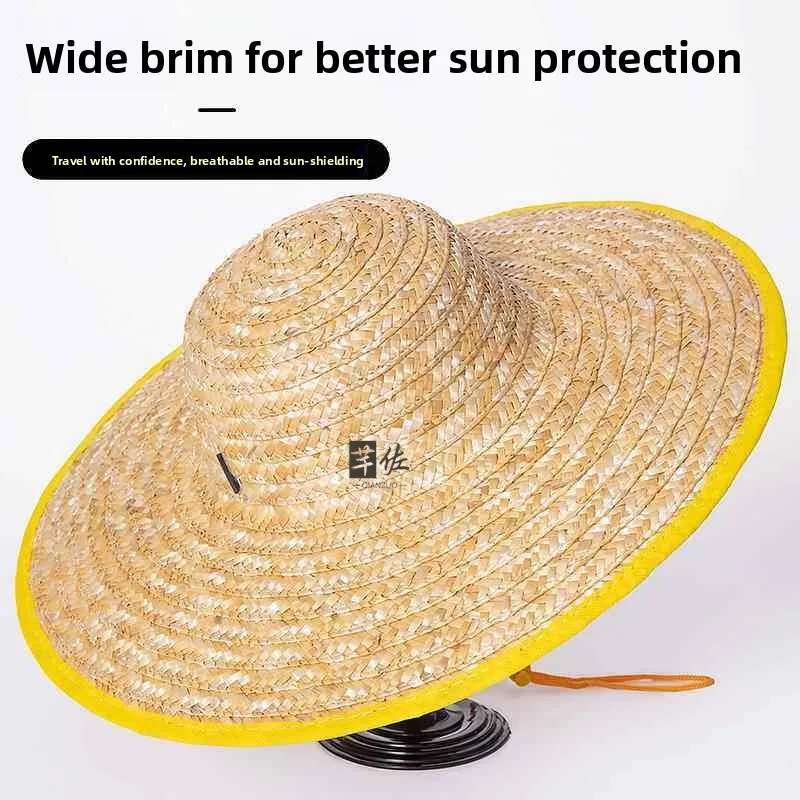 Handmade Summer Sun Protection Straw Hat Men's Outdoor Fishing Beach Large Brim Hat Field Work Cotton Straw round Top Cap