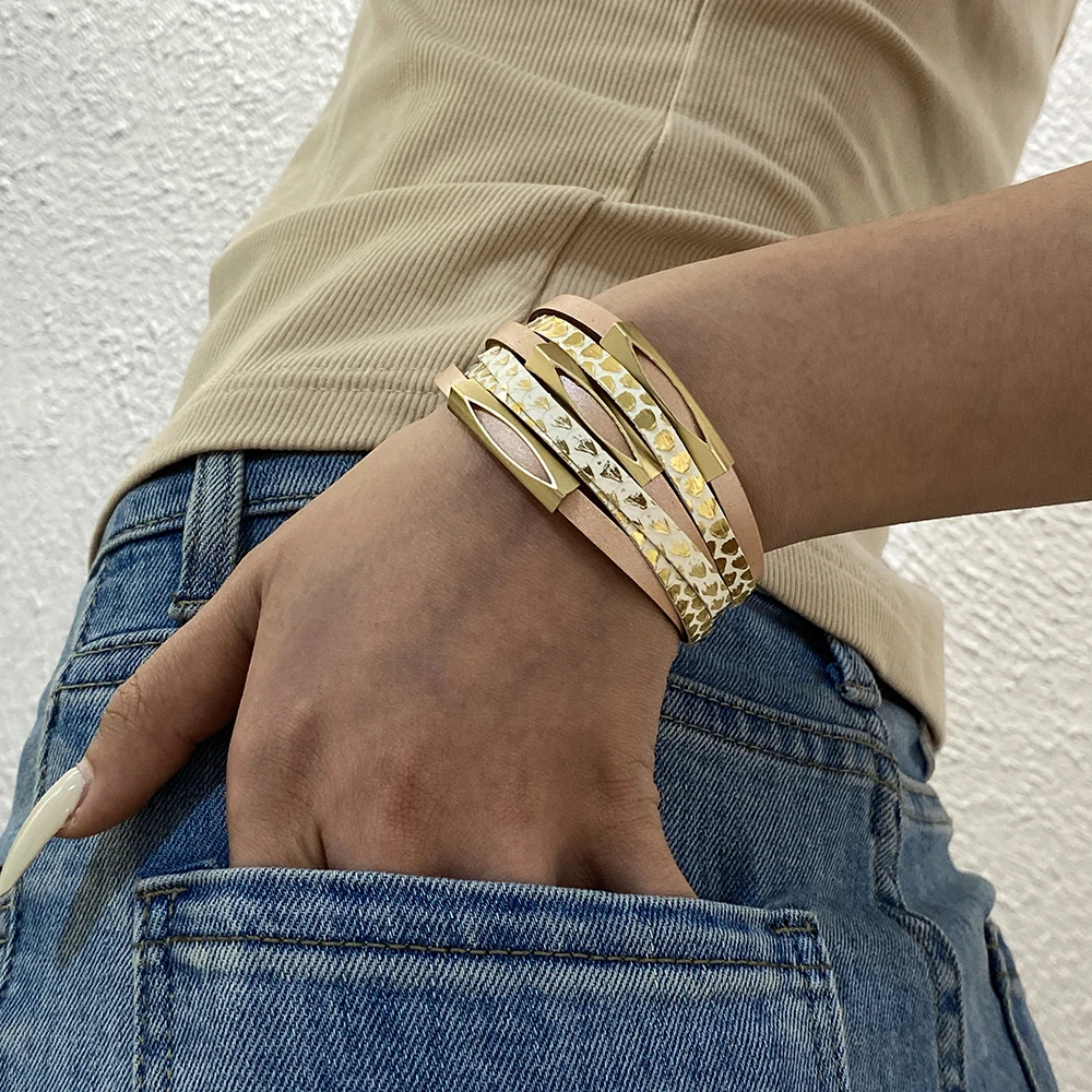 ALLYES Boho Fish Scale Print Leather Bracelet for Women Men Vintage Multilayer Metal Bar Wrap Bangle Bracelets Charm Jewelry