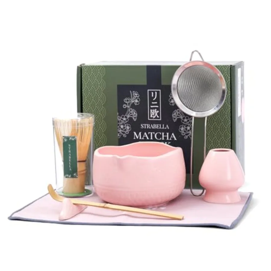 

7-Piece Matcha Whisk Set Ceramic Bowl with Spout Bamboo Whisk and Holder Scoop Sifter Tea Towel Complete Ceremonial Tea Kit Pin
