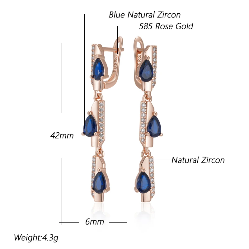Kinel Full Blue Natural Zircon Geometry Long Dangle Earrings For Women Fashion 585 Rose Gold Color High Quality Daily Jewelry