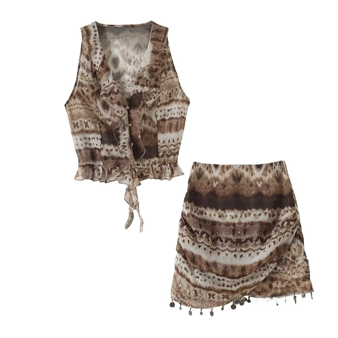 

Summer Tie Dye Beaded Layered Decoration Top Asymmetrical Skirt Two Piece Set Long Sve V Ne ort Pants Faionable Wome...