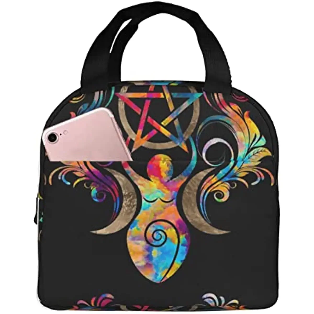 Tote Bag Lunch Bag Triple Moon Goddess with Pentagram Art Lunch Box Insulated Bag Tote Bag Reusable Waterproof