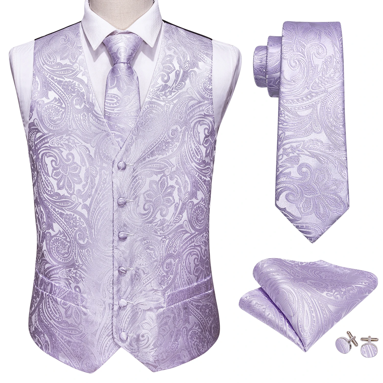 

Light Purple Men Wedding Suit Vest Paisley Jacquard Folral Silk Waistcoat Vests Handkerchief Tie Vest Suit Set Barry.Wang Design