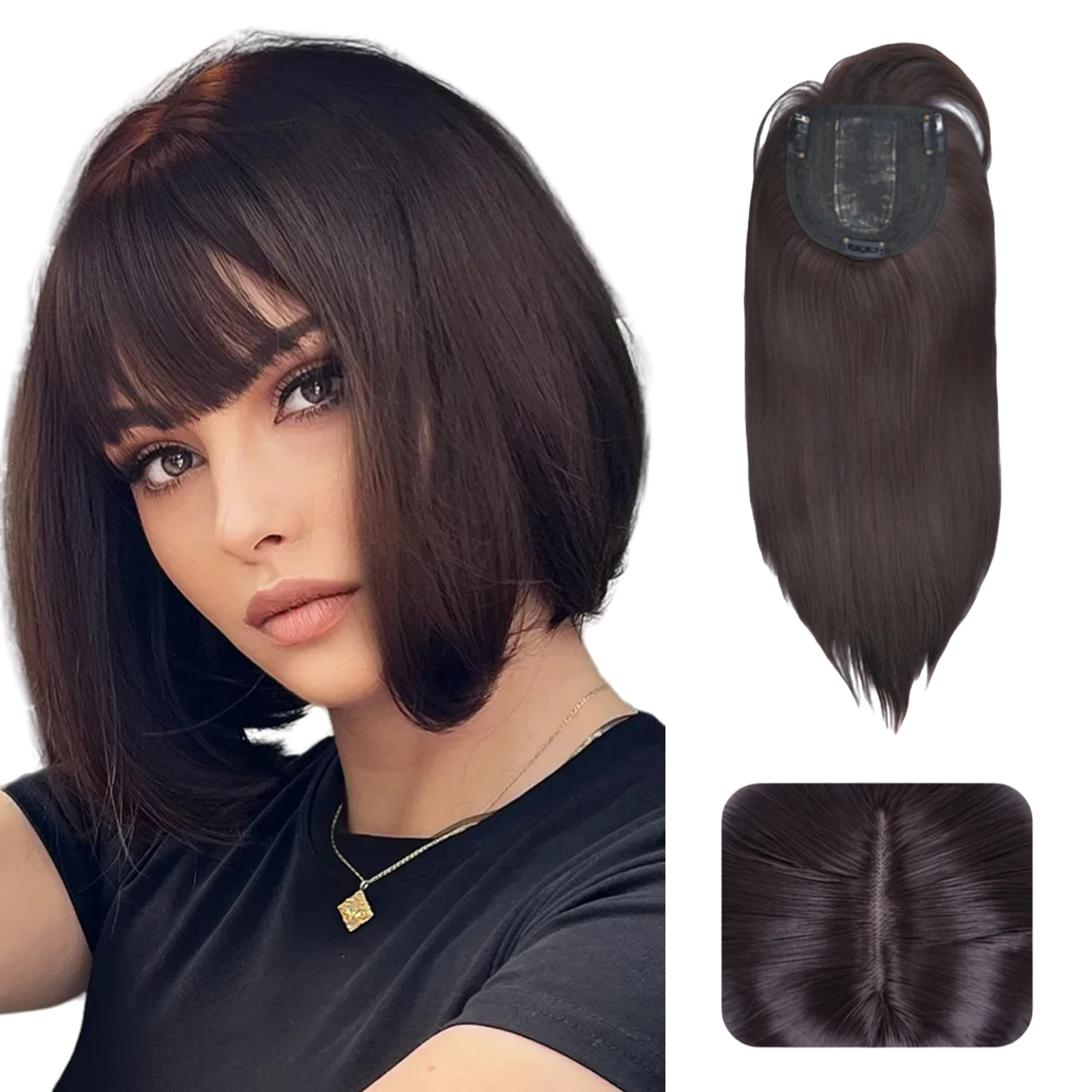 14 "Topper per capelli sintetici Wiglet Hair Enhancer con frangia dritta 3 clip nelle estensioni dei capelli lisci pezzo di chiusura dei capelli