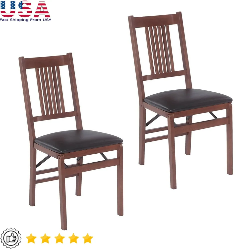 

Folding Chair Set of 2 Solid Hardwood with Steel Mechanism Upholstered Seat Easy Storage Indoor Use Black Vinyl