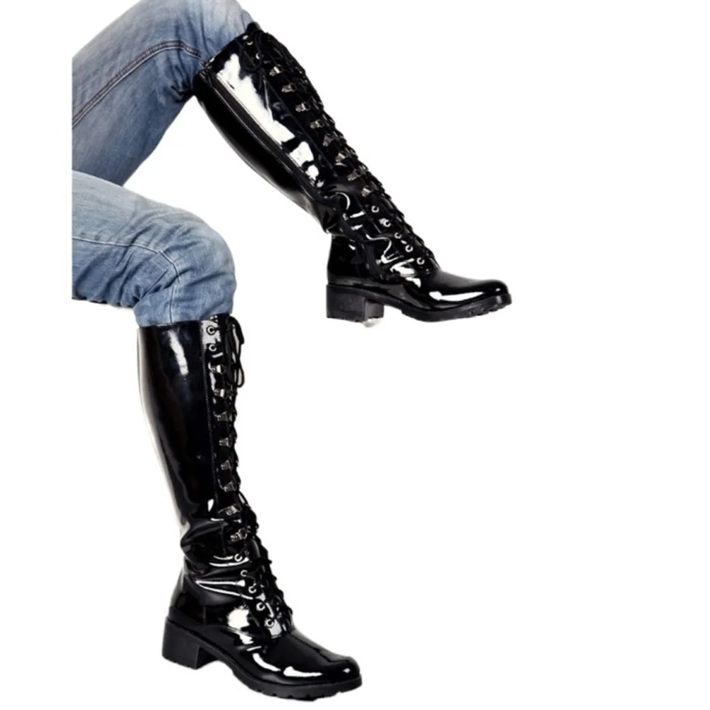 Men's Black Patent Leather Motorcycle Knee High Boots Winter Steel pipe perform Shoes,Western Riding Long Boots Lace up Platform