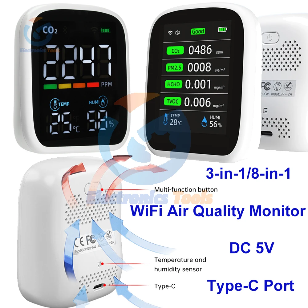 WiFi Air Quality Monitor 8-in-1 Triple-Gas Detection NDIR Sensor Real-Time CO₂ Temperature Humidity Tracking LCD Display Type-C