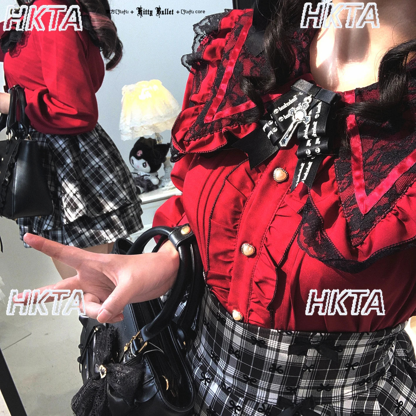 

Japanese Sweet Lolita Lace Stitching Ruffled Edge Bow Doll Collar Long Sleeve Black Top Shirts for Women Pleated Chiffon Blouses