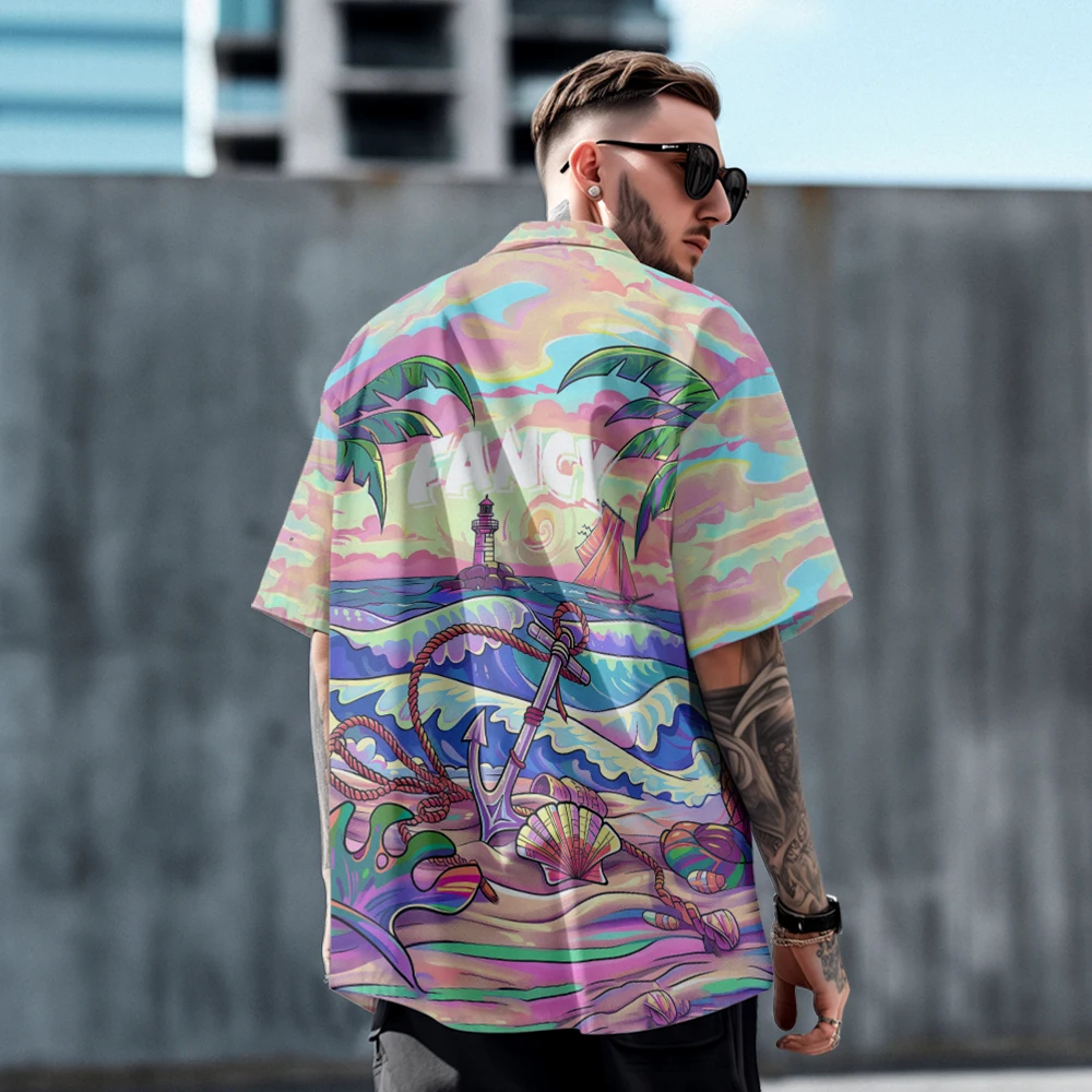 Hand-painted wind beach wave print design men's short-sleeved shirt summer loose large size thin lapel T-shirt top