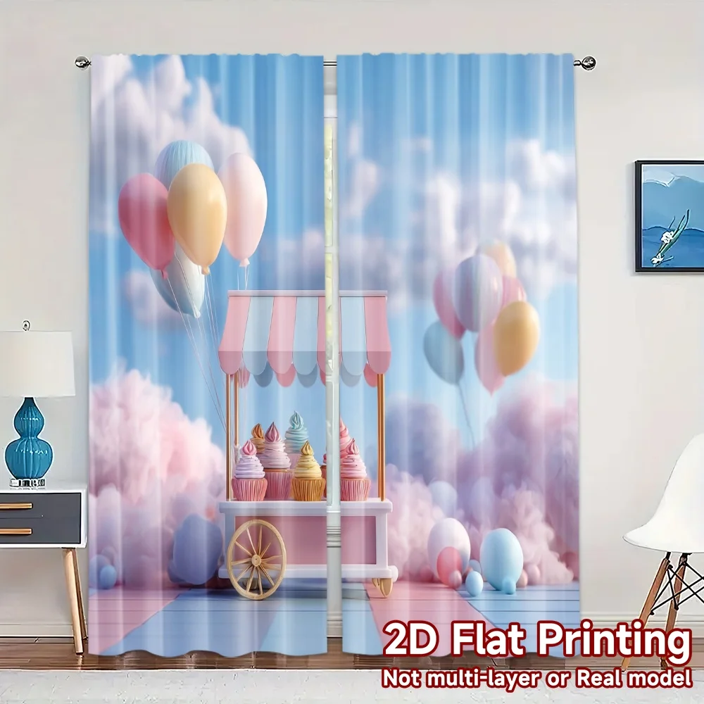 2pcs, 2D FLAT PRINTING Curtains (Without Rod) Sweet Carnival Cart Popular Creative Curtains Polyester Curtains Thermal