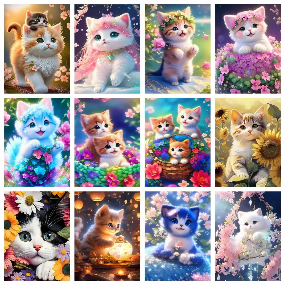 AZQSD Diamond Painting 5d Cat Flower Mosaic Embroidery Floral Home Decor Rhinestones Diy Hobby Creative Art Full Kits