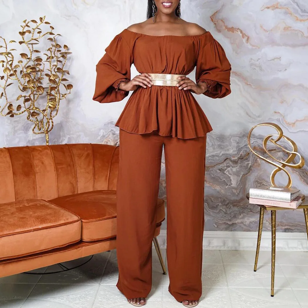 C8535p Women's Outfit With Belt, Off-shoulder Long Sleeve Top And Loose Wide-leg Pants Set Birthday Dress Robe Bandage Outfits