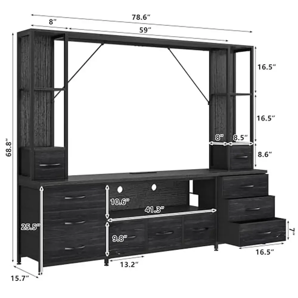 Modern TV Stand Wall Unit Entertainment Center with 11 Fabric Drawer LED Lights Power 65