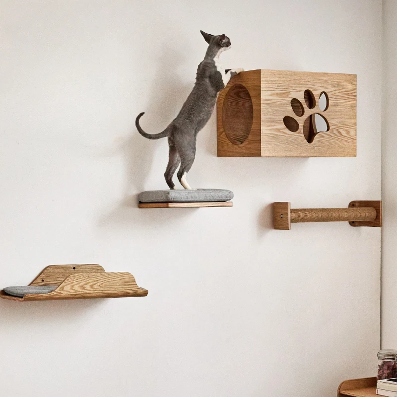 Wall Cat Climbing Frame Hanging Wall Type Solid Wood Cat Scratching Post, Tree Hole Cat Nest Climbing Frame Against The Wall