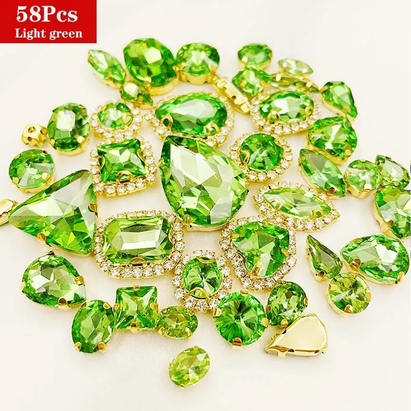 

Shiny Crystal Glass Rhinestones, Mixed Size, Light Green, Sewing Stones,Gold Base, DIY Clothes, Wedding Decoration, 58Pcs