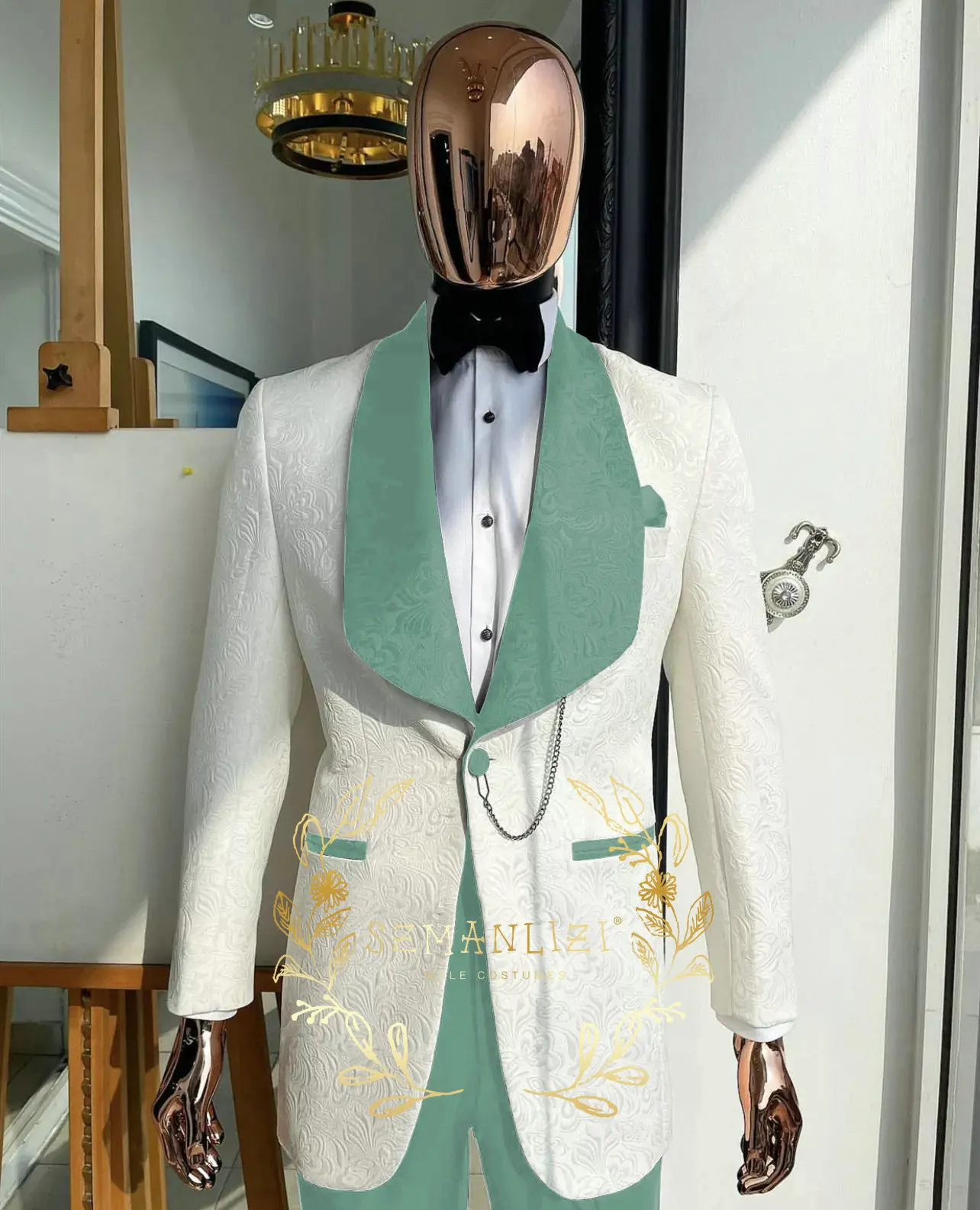 Męski garnitur ślubny slim fit z białą kurtką w kwiaty, smoking, granatowy garnitur na przyjęcie weselne z paisley'owym kołnierzem, strój dla pana młodego, garnitur dla drużby, marynarka Homme.
