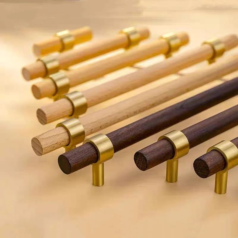 Solid BrassT Bar Cabinet Pulls And Drawer Knobs Beech And Walnut Wood Kitchen Cabinet Storage Handles Cupboard Furniture Handles