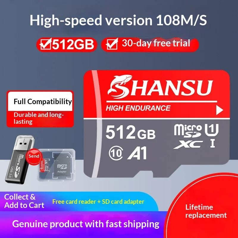 

Карта памяти Pokiddy Shansu Micro SD XC/TF 512 ГБ, 256 ГБ, 128 ГБ, высокая износостойкость, U3, A1, A2 для видеорегистраторов, камер видеонаблюдения, смартфонов