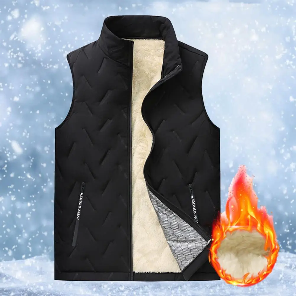 

Solid Color Winter Vest Premium Men's Winter Vest Thick Padded Plush Stand Collar Windproof Zipper Closure Ultimate Warmth Neck