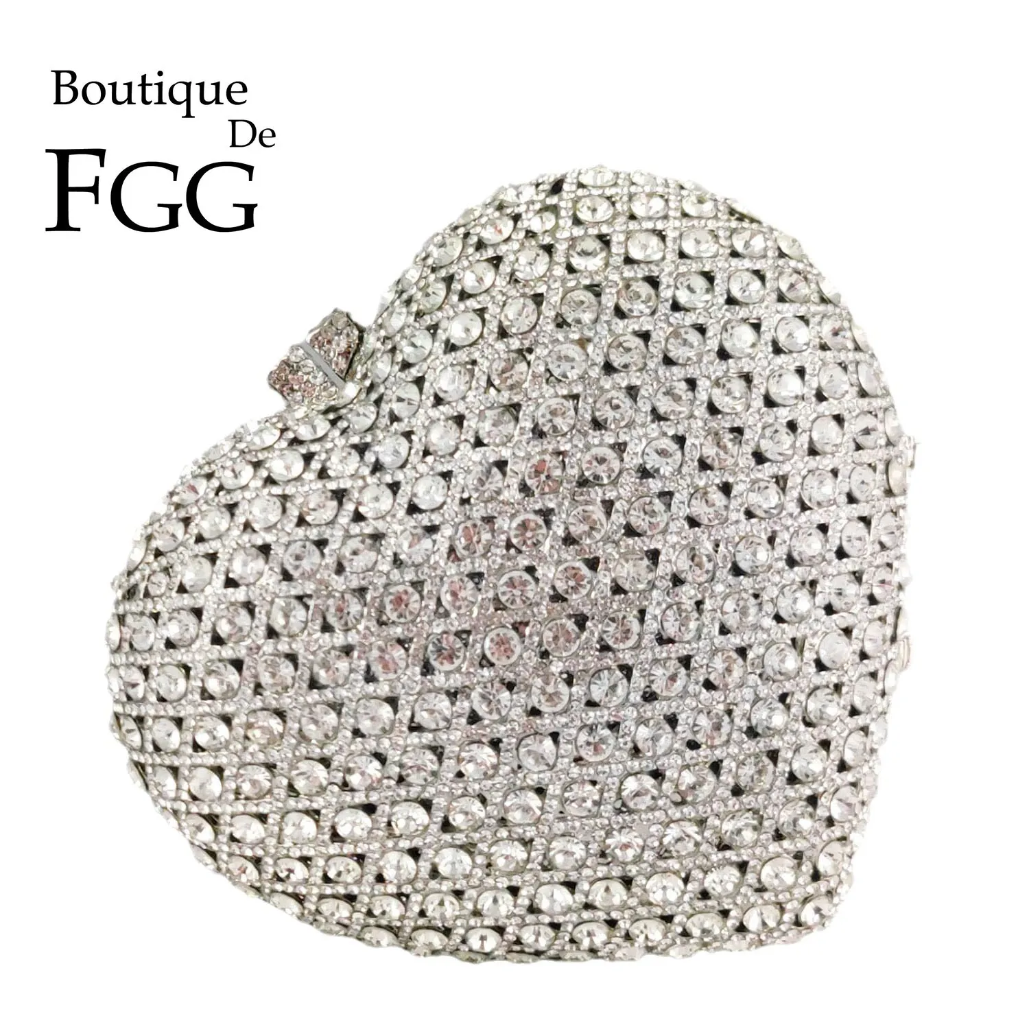 

Boutique De FGG Luxury Silver Crystal Clutch Bags Women Heart Evening Bags Bridal Wedding Party Rhinestone Handbags and Purses