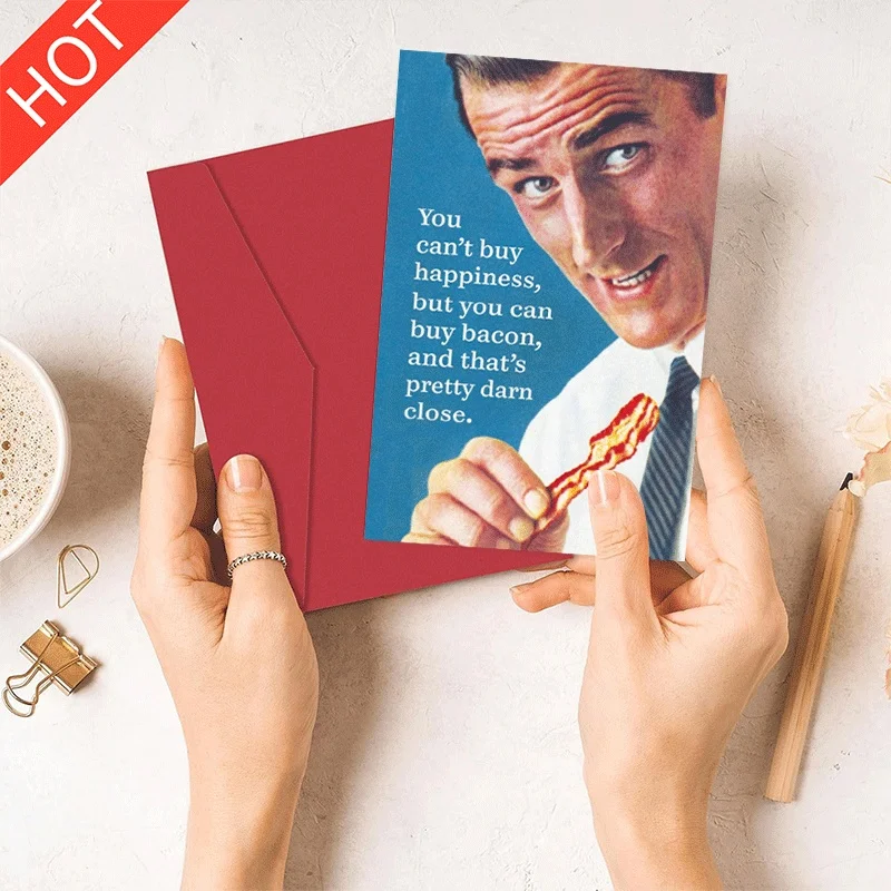 

Funny Bacon Print Greeting Card, You Can't Buy Happiness But You Can Buy Bacon Humor Card for Food Lover Friend Birthday Gift