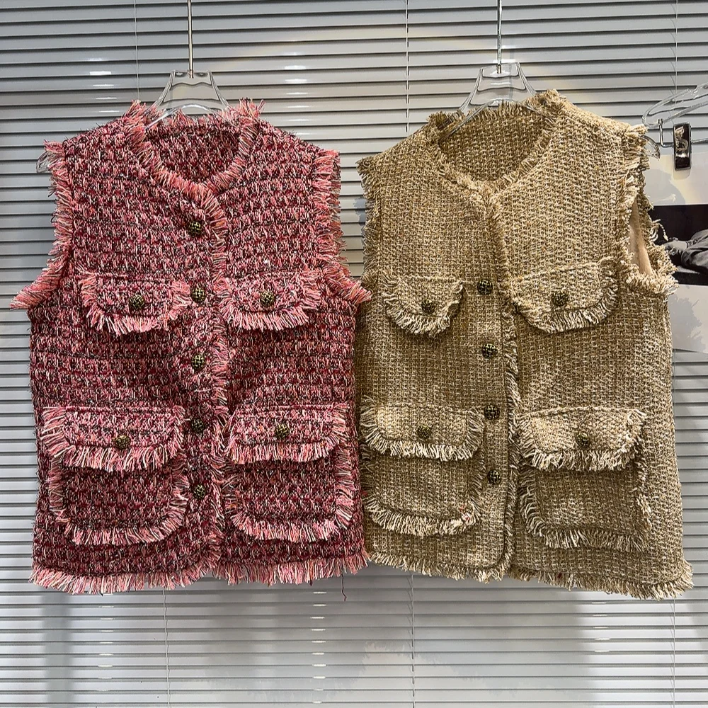 Autumn 2026 New Style Small Fragrance Wind Thickened Tweed Knitted Fringe Elegant Lady Vest Outerwear round Neck Single Button