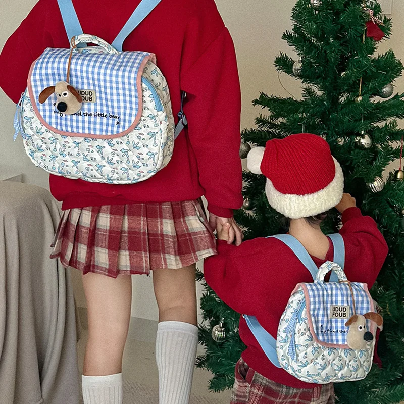 Korean version of the quilted backpack new embroidery plaid girls backpack out of the street cotton backpack changing bag