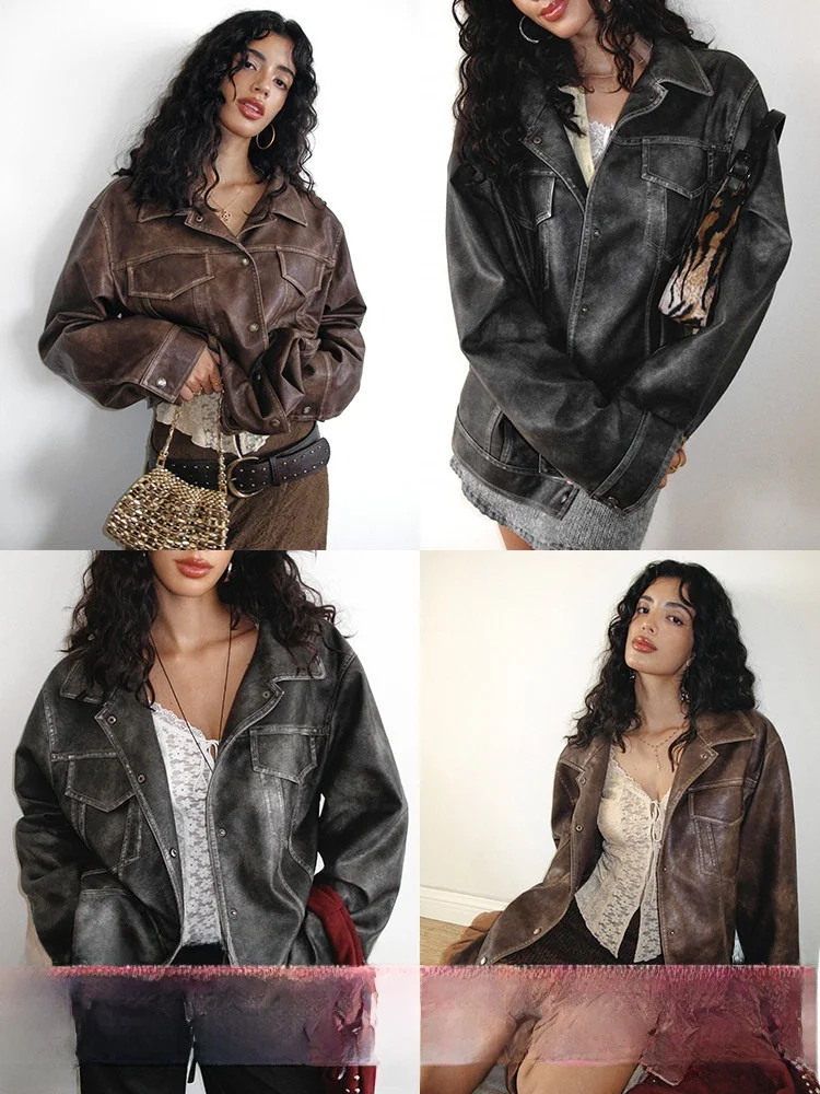 레트로 워싱 PU 가죽 재킷 여성용 가을 겨울 숏탑 스탠드 칼라 및 3D 포켓 디자인 by Itsnikar