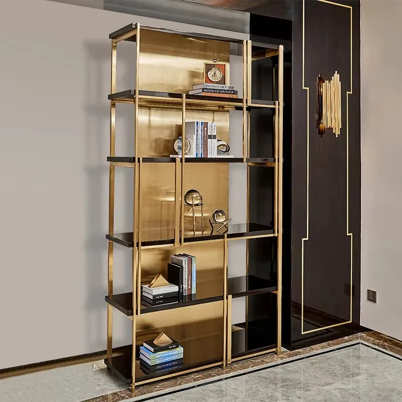 Premium Quality Stainless Steel Iron Frame Wooden Gold Desk Bedroom Bookshelf Display Rack Bookcase Custom Size Metal Partition