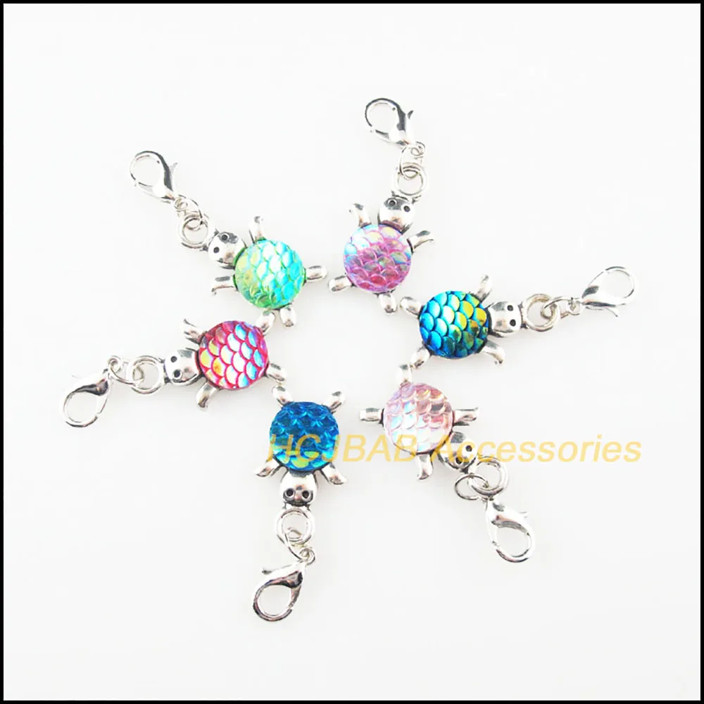 12 New Tortoise Mixed Charms Resin Animal Pendants With Lobster Claw Clasps Tibetan Silver Plated 14x23mm