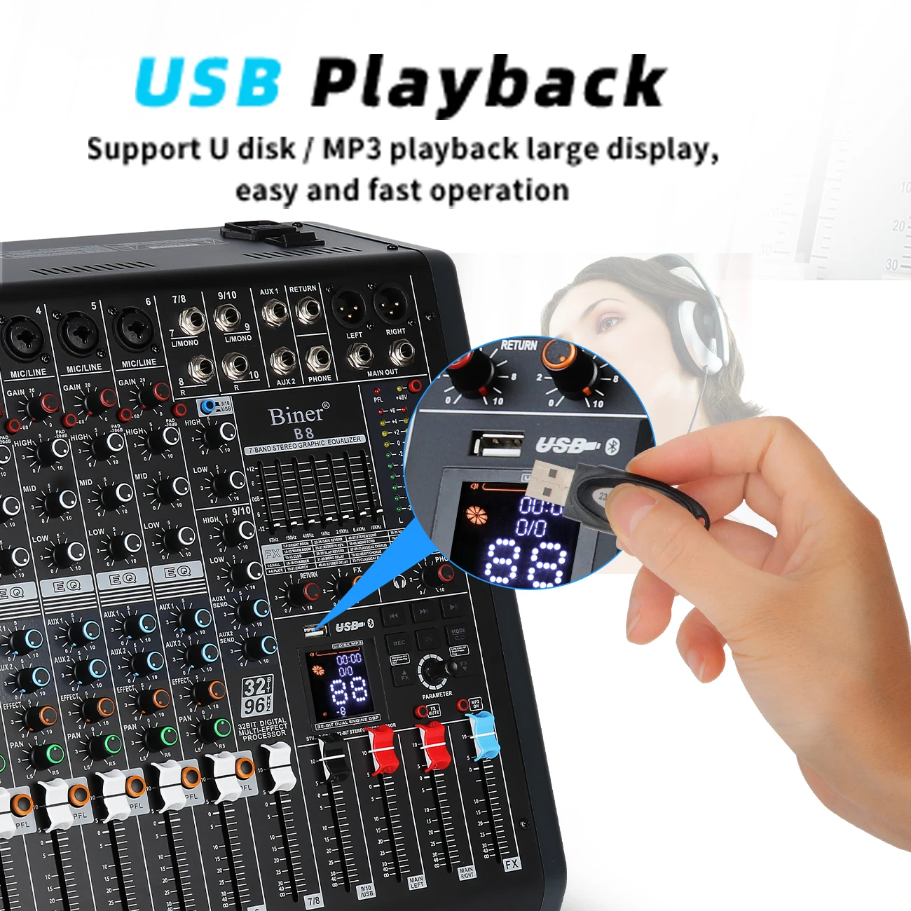Biner B8 Professional  Audio Mixer Built in 99 Reverb Effect 10 Channel DJ Digital USB Console Audio Interface Usb