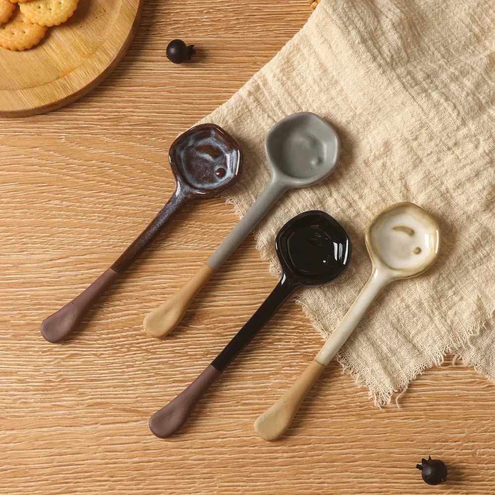 4PCS Irregular Long Handle Japanese Rustic Pottery Spoon Handmade Non-slip Back Coffee Stirring Spoon Heat-resistant