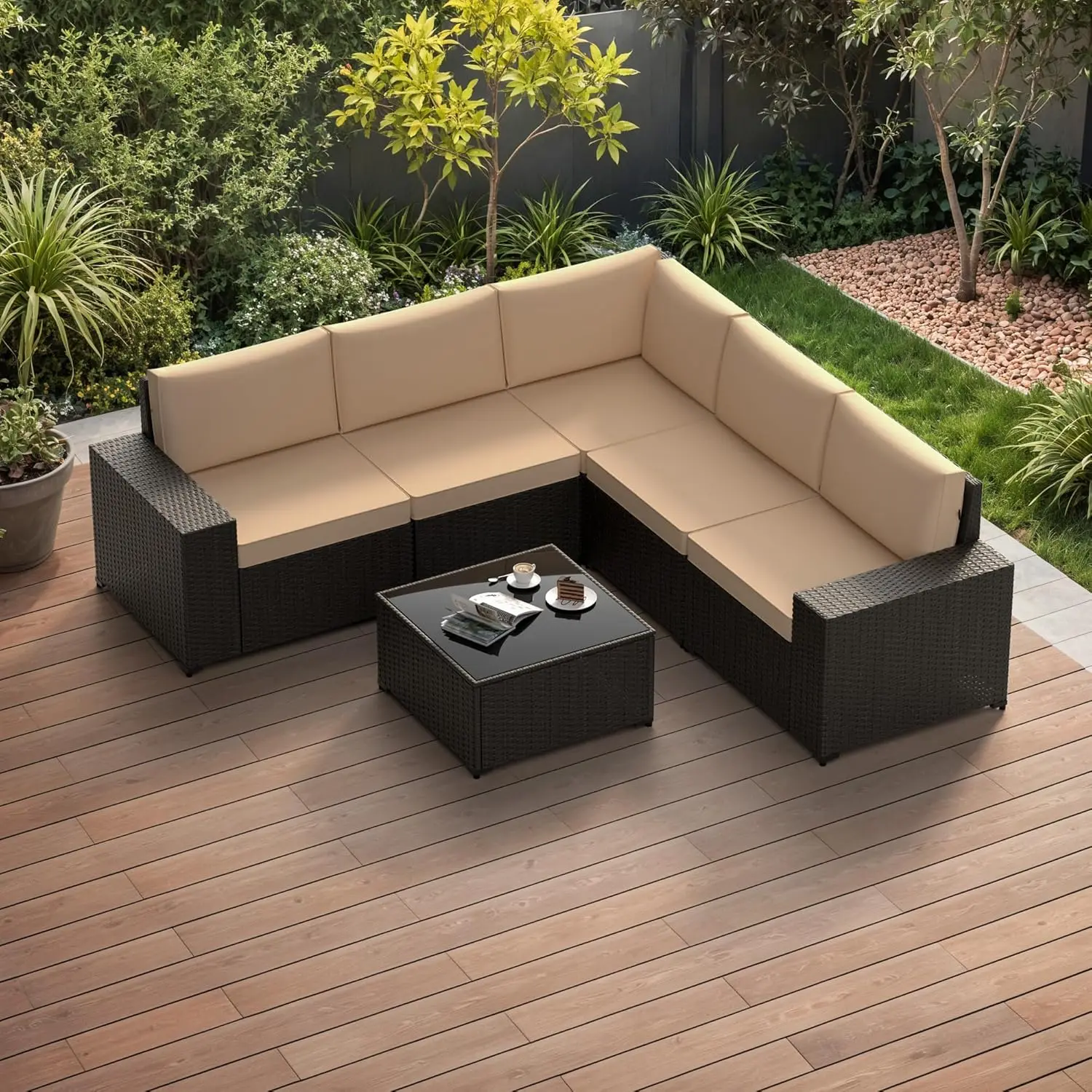 

Patio Furniture Set, 6PCS Outdoor Sectional with Ottoman Wicker Rattan Patio Couch with Thickened Cushion Modular Wicker Patio C