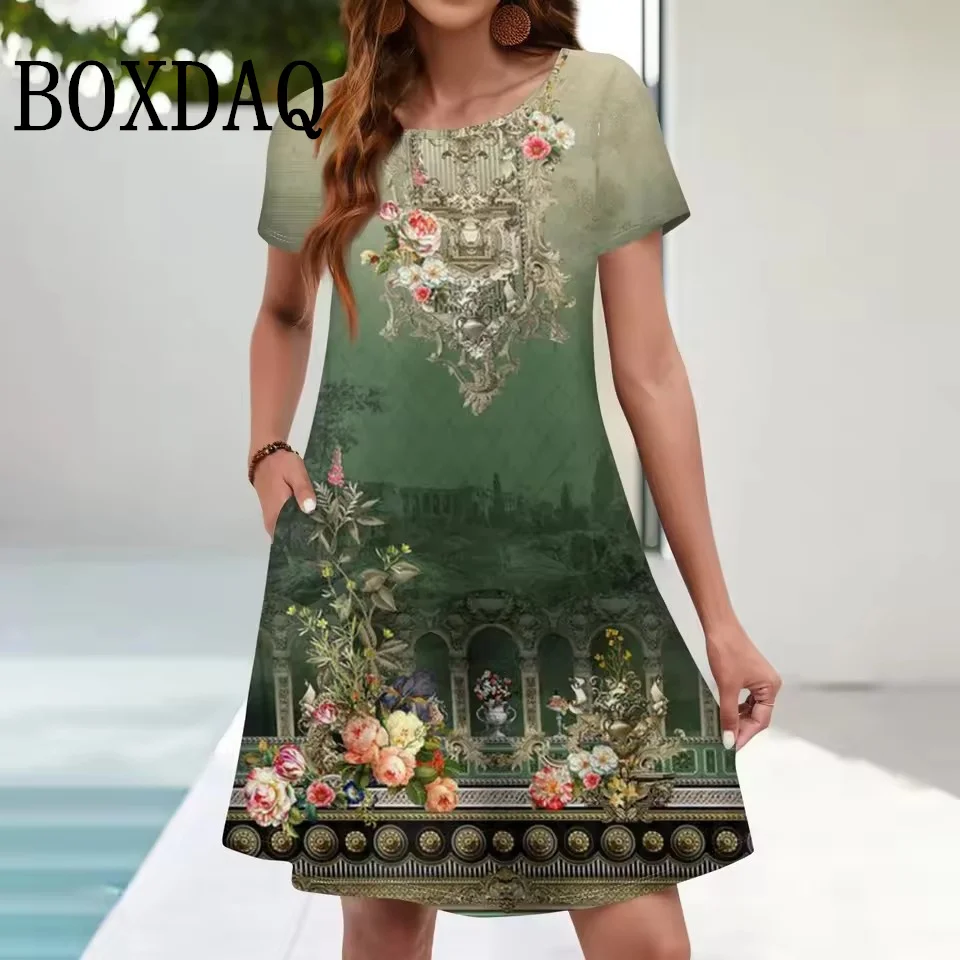 Women's Dresses Summer Fashion Round Neck Loose Bohemian Vacation Dresses Vintage Casual Short Sleeve Woman Clothes 9XL Vestidos