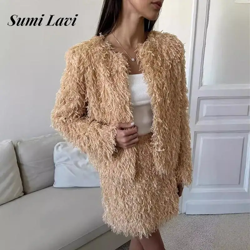 Women Elegant Tassel Solid Skirt Outfits Casual Long Sleeve Temperament 2Pc Suits Fashion O-neck Cardigan Coat & Mini Skirt Set