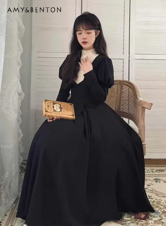 

2025 Spring and Autumn Japanese Retro Style Elegant Dark Gothic Waist-Cinching Long Sleeve Black and White Patchwork Long Dress