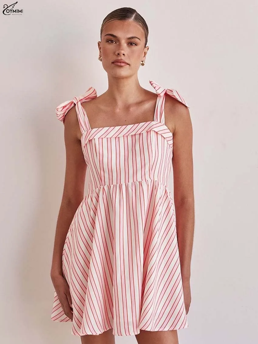 

Oymimi Fashion Red Print Dresses 2025 Woman Summer Sleeveless Slash Neck Slip Dresses Casual High Waisted Pleated Mini Dress
